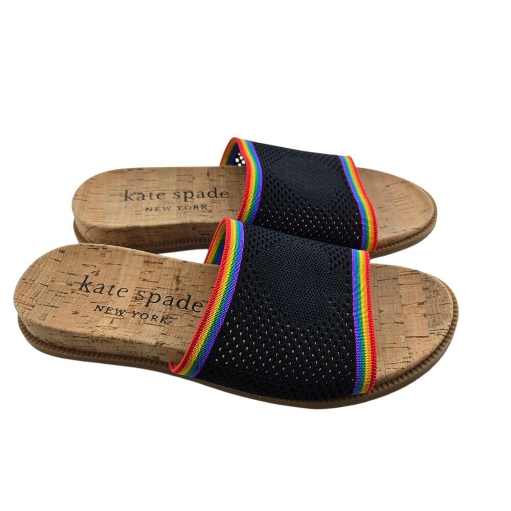 Kate Spade Sandals Women 8 Wren Rainbow Stripe NEW Cork Flats Knit Preppy Casual